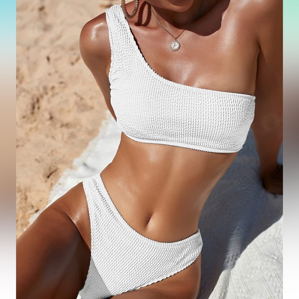 White ribbed two piece bikini set. One shoulder top.